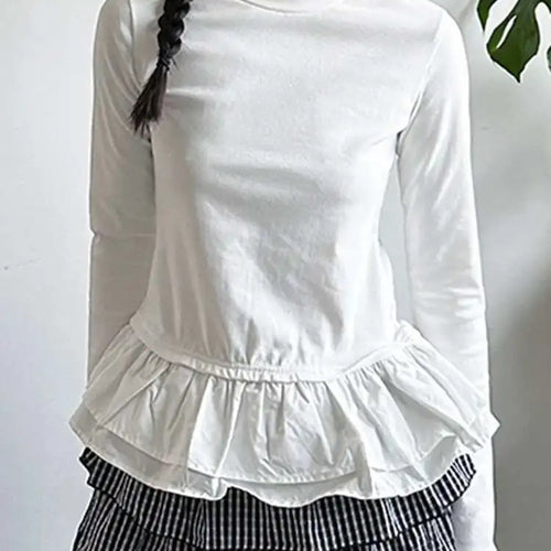 Load image into Gallery viewer, Women Black Ruffles Hem Color-block Slim Elegant T-shirt New Round Neck Long Sleeve Fashion Spring Autumn 2025 1DJ0095
