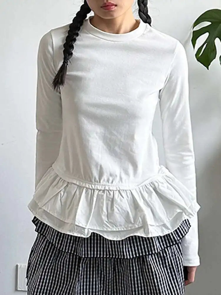 Women Black Ruffles Hem Color-block Slim Elegant T-shirt New Round Neck Long Sleeve Fashion Spring Autumn 2025 1DJ0095