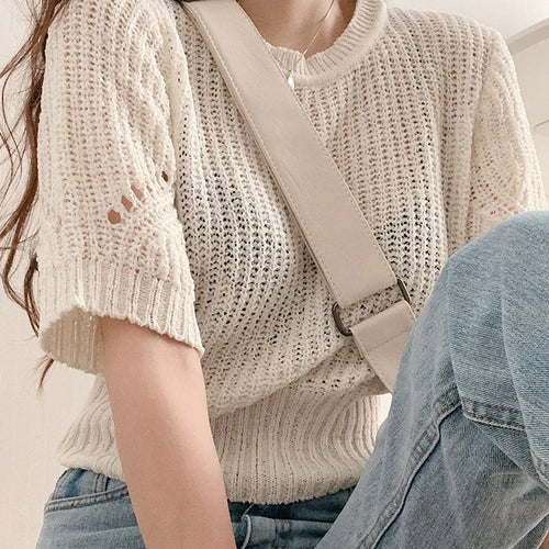 Load image into Gallery viewer, Classic Solid Color Chic Hollow Out Knitted Women T-shirts O-neck Elegant Fashion Female Summer T-shirt Casual Sweater Pullover
