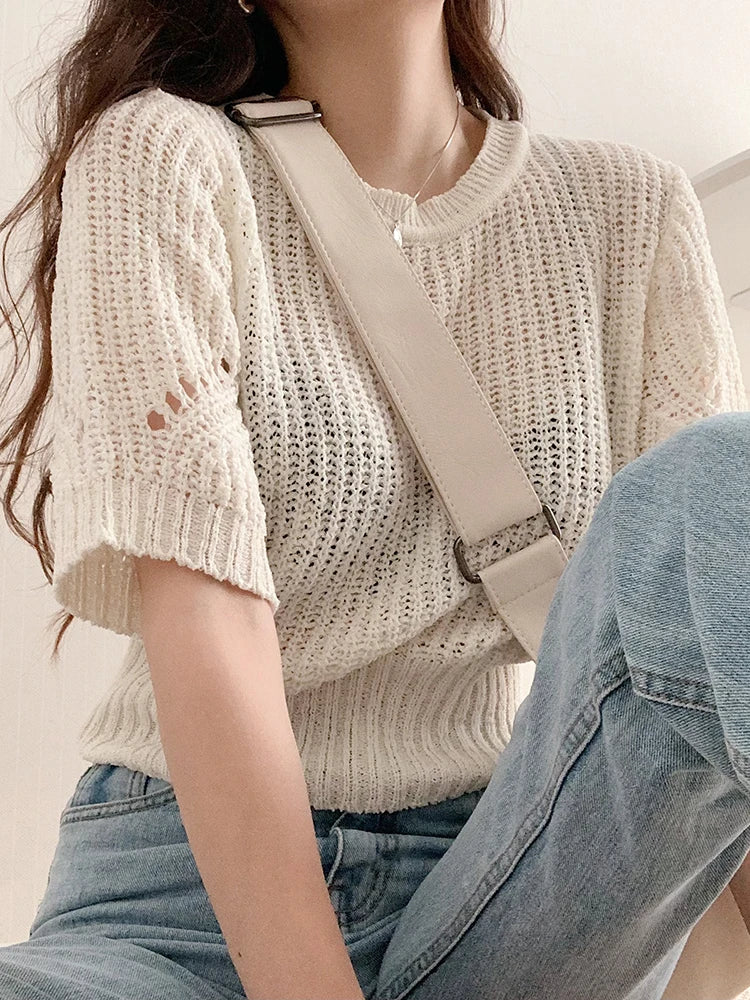 Classic Solid Color Chic Hollow Out Knitted Women T-shirts O-neck Elegant Fashion Female Summer T-shirt Casual Sweater Pullover