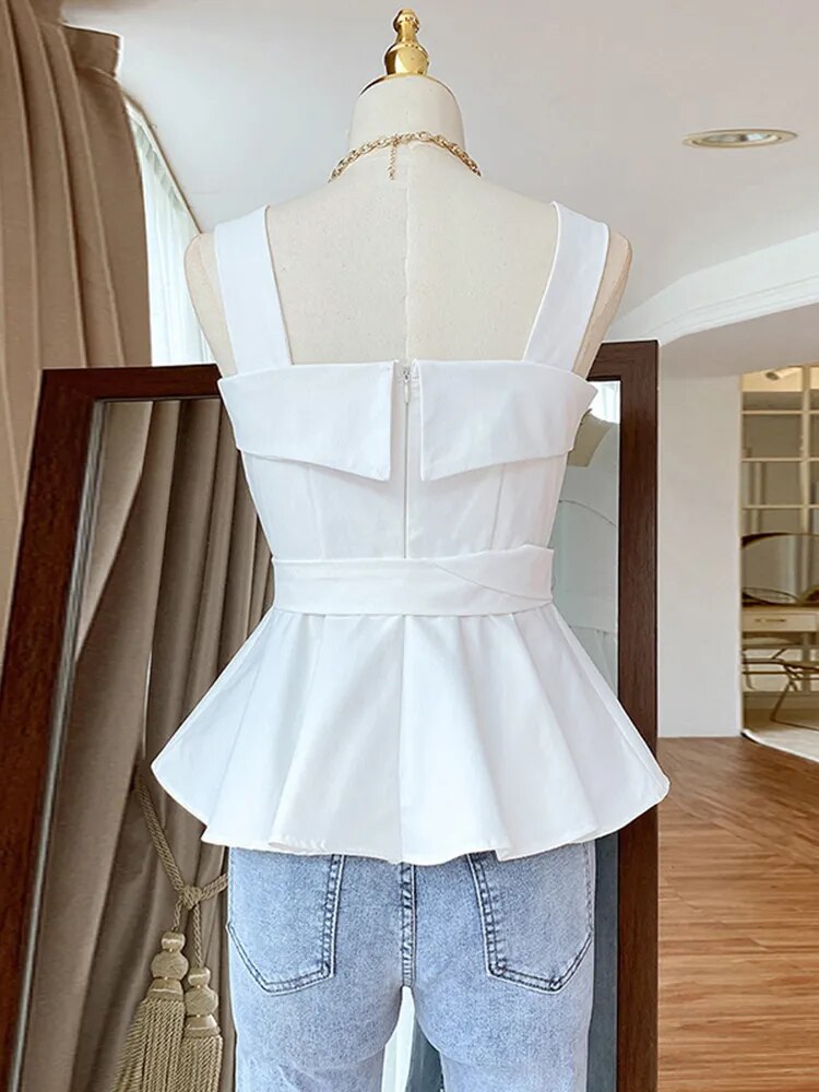 White Camis For Women Square Collar Sleeveless High Waist Sashes Solid Tank Tops Female Summer Clothing Style