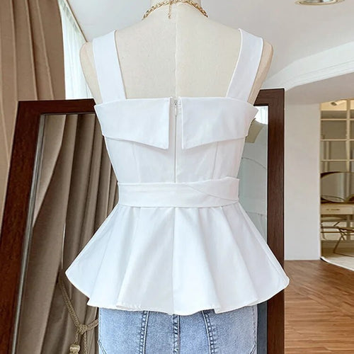 Load image into Gallery viewer, White Camis For Women Square Collar Sleeveless High Waist Sashes Solid Tank Tops Female Summer Clothing Style
