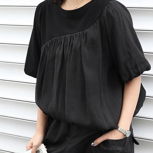 Load image into Gallery viewer, Women Black Irregular Pleated Big Size Casual T-shirt New Round Neck Short Sleeve Fashion Tide Spring Summer 2025 1DJ0558
