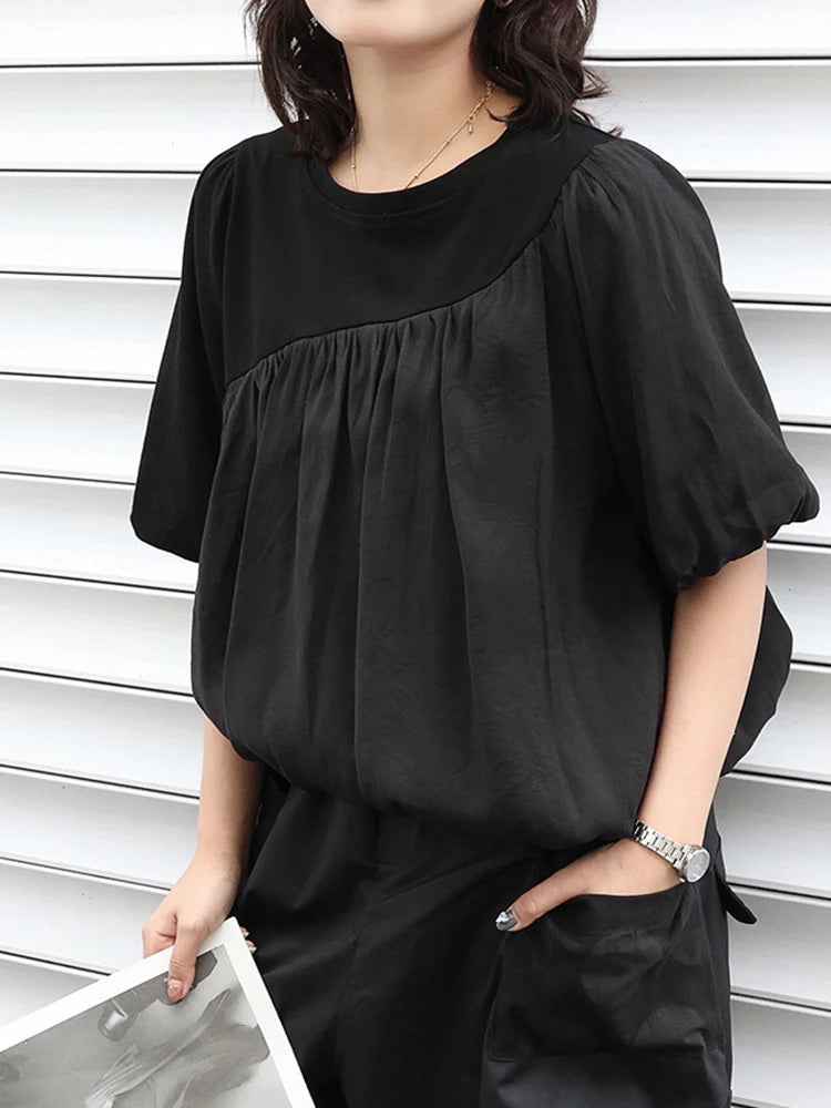 Women Black Irregular Pleated Big Size Casual T-shirt New Round Neck Short Sleeve Fashion Tide Spring Summer 2025 1DJ0558