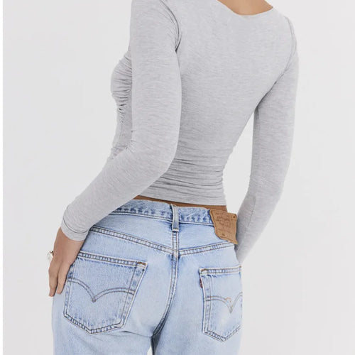 Load image into Gallery viewer, Sexy Hollow Out Long Sleeved Women Top Pleated Elastic Tight Fitting T-shirt Fashionable Street Casual Clothing Female
