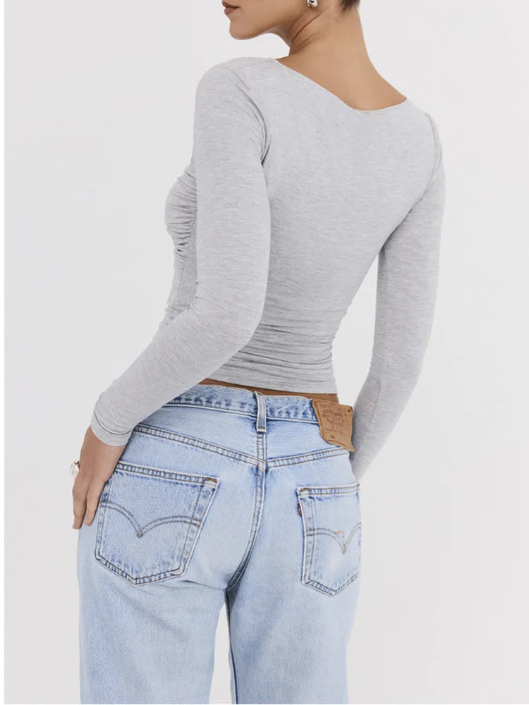 Sexy Hollow Out Long Sleeved Women Top Pleated Elastic Tight Fitting T-shirt Fashionable Street Casual Clothing Female