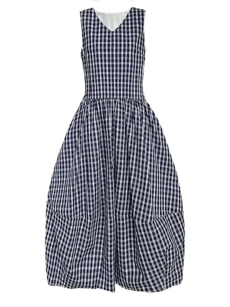 Women Dark Blue Plaid Pocket Vintage Long Elegant Vest Dress New V-Neck Sleeveless Fashion Tide Spring Summer 2025 1DJ0667