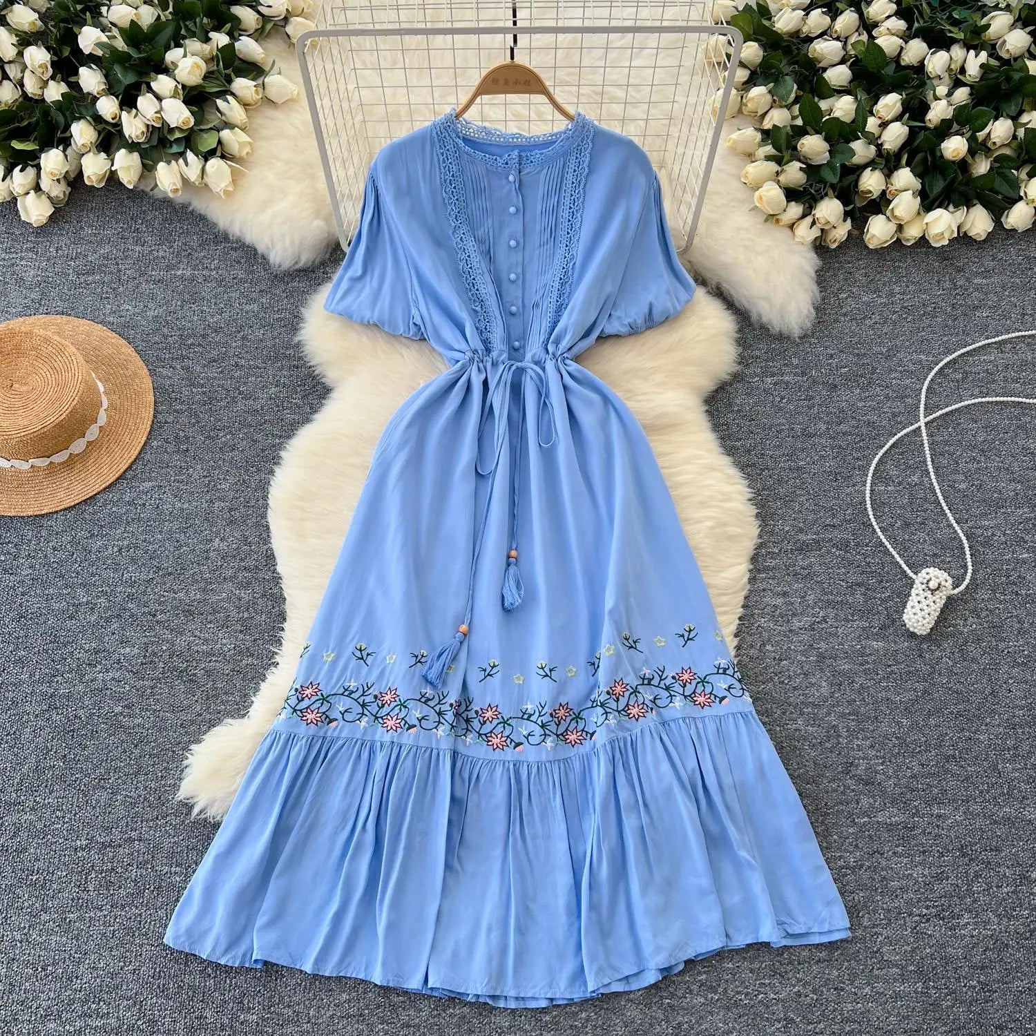 Retro 2024 Summer New Women's Round Neck Embroidered Lace Patchwork Lace Up Long Dresses Fashion Short Sleeves Button Dress Boho
