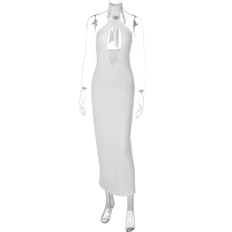 Halter Hollow Out Sexy Maxi Dress For Women Gown Fashion Off-shoulder Sleeveless Backless Bodycon Beach Club Dress