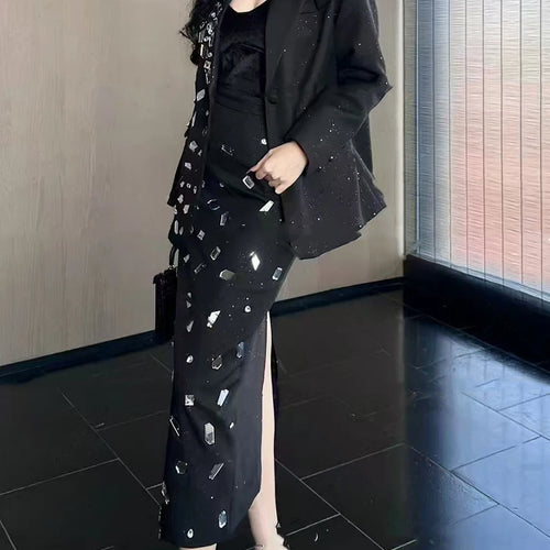 Load image into Gallery viewer, Solid Spliced Diamonds Two Piece Set For Women Lapel Long Sleeve Coat High Waist Temperament Skirts Sets Female New
