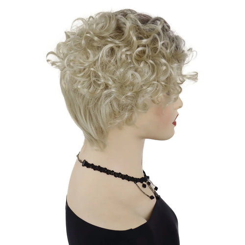 Load image into Gallery viewer, Synthetic Hair Blonde Curly Wig with Bangs Short Haircuts Wig Pixie Cuts with Dark Roots Blond Wigs for Women Mother Gifts Daily
