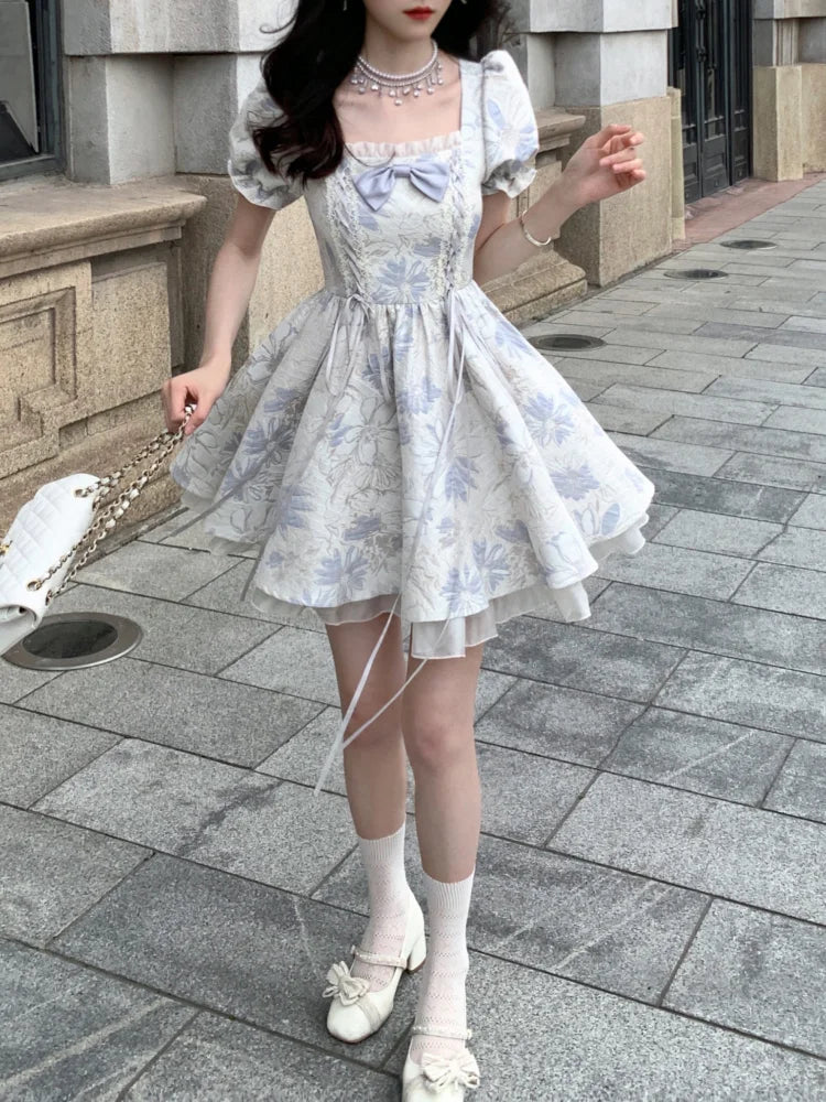 Sweet Kawaii Cute Lolita Dress Floral Flower Print Bandage Vintage Puff Sleeve Mori Mini Short Dresses Party Summer