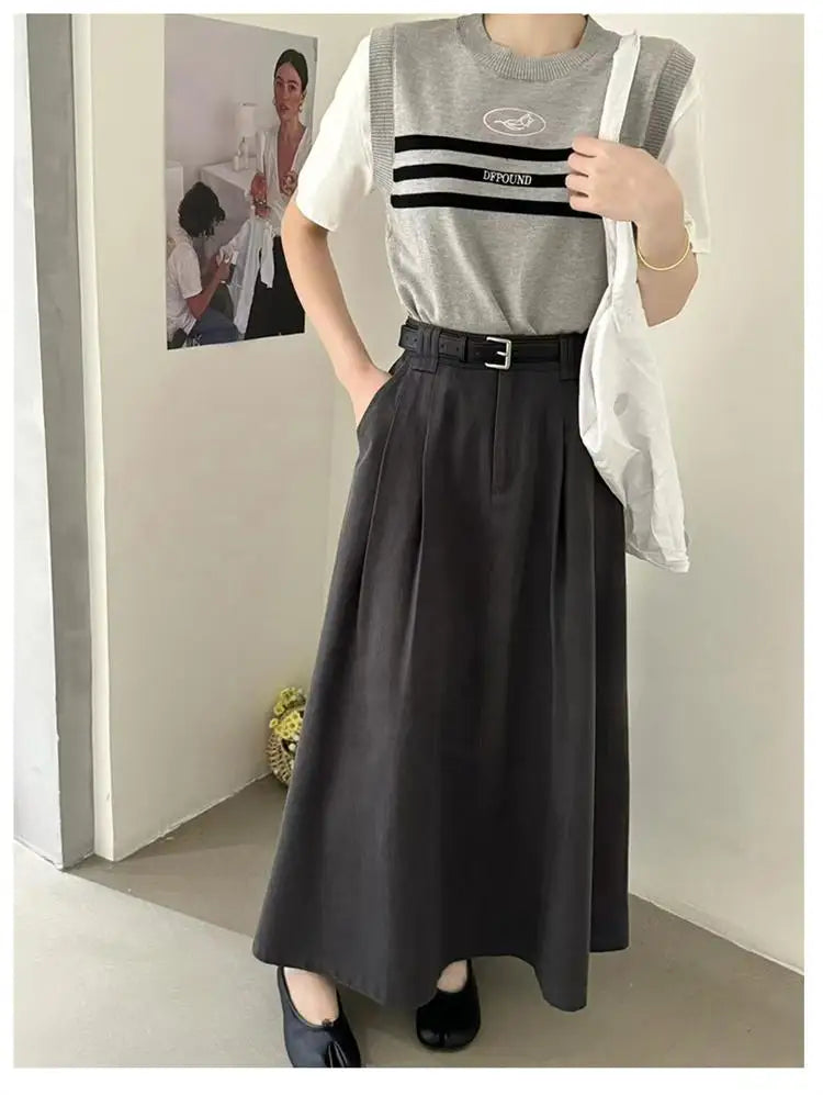 Spring Summer Korean Fashion Solid Elegant Sexy Pleated Long Skirt Women High Waist Festival Versatile Slim Skirts 2025 Casual