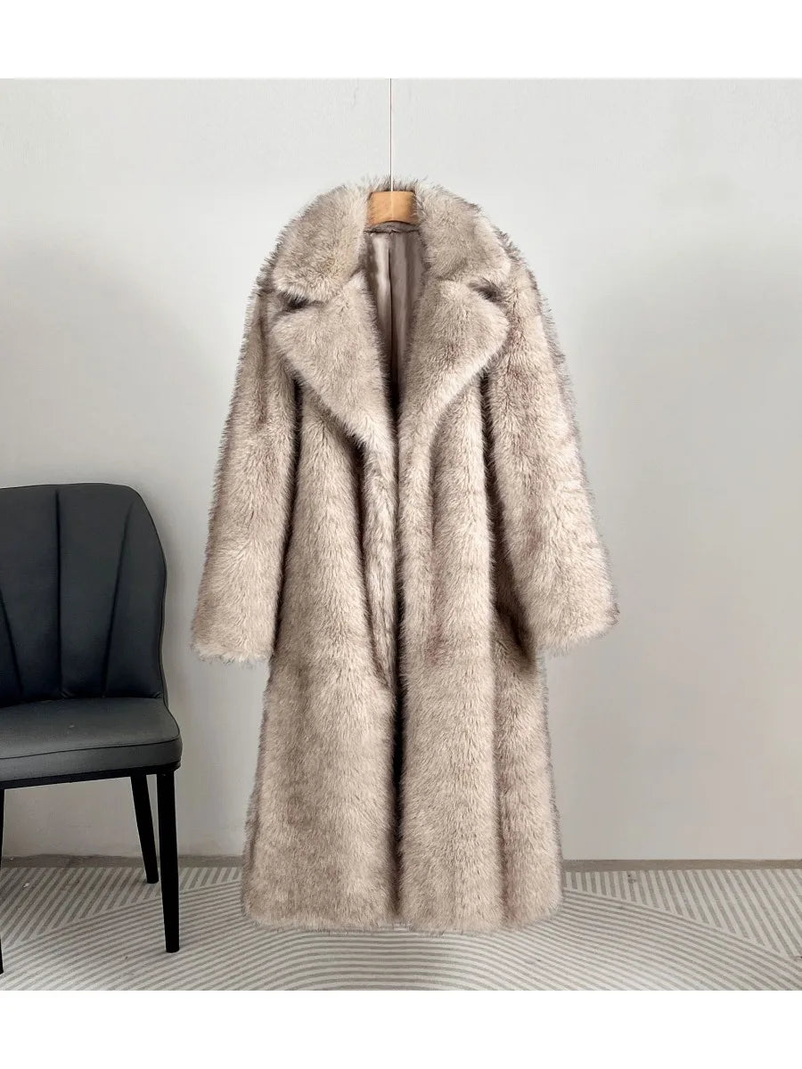 Solid Loose Fur Long Coat for Women Lapel Long Sleeve Temperament Elegant Coats Female Fashion Style Fashion