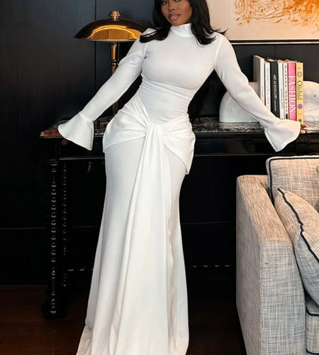 Articat Elegant Long Sleeved Bodycon Pleated Maxi Dress For Women Winter 2025New Solid Color Slim Hip Party Evening Dress