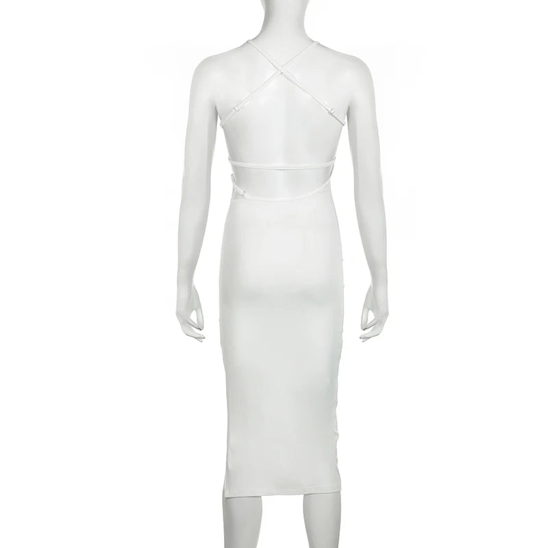 Fashion Backless White Sexy Dress Clubwear Party Summer Clothes Side Split Elegant Sleeveless Midi Dress Female Hot