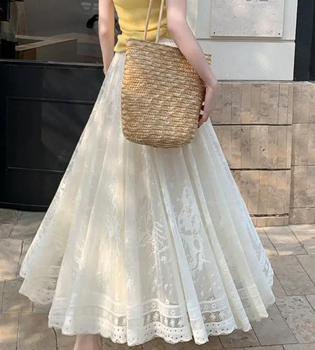 Spring Summer French Vintage Black Embroidered Lace Slim Long Skirts Women Beige High Waist Elegant Party Pleated Skirt Street