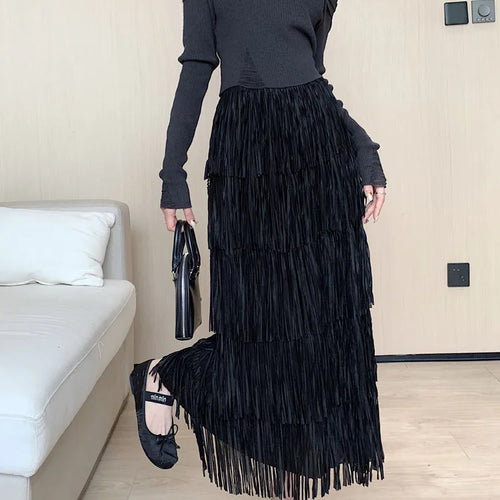 Load image into Gallery viewer, Autumn Vintage Elegant Party Wrapped Hip Cake Skirt For Women Elastic High Waist Tassel Long Skirts Female High Street Y2k Trend
