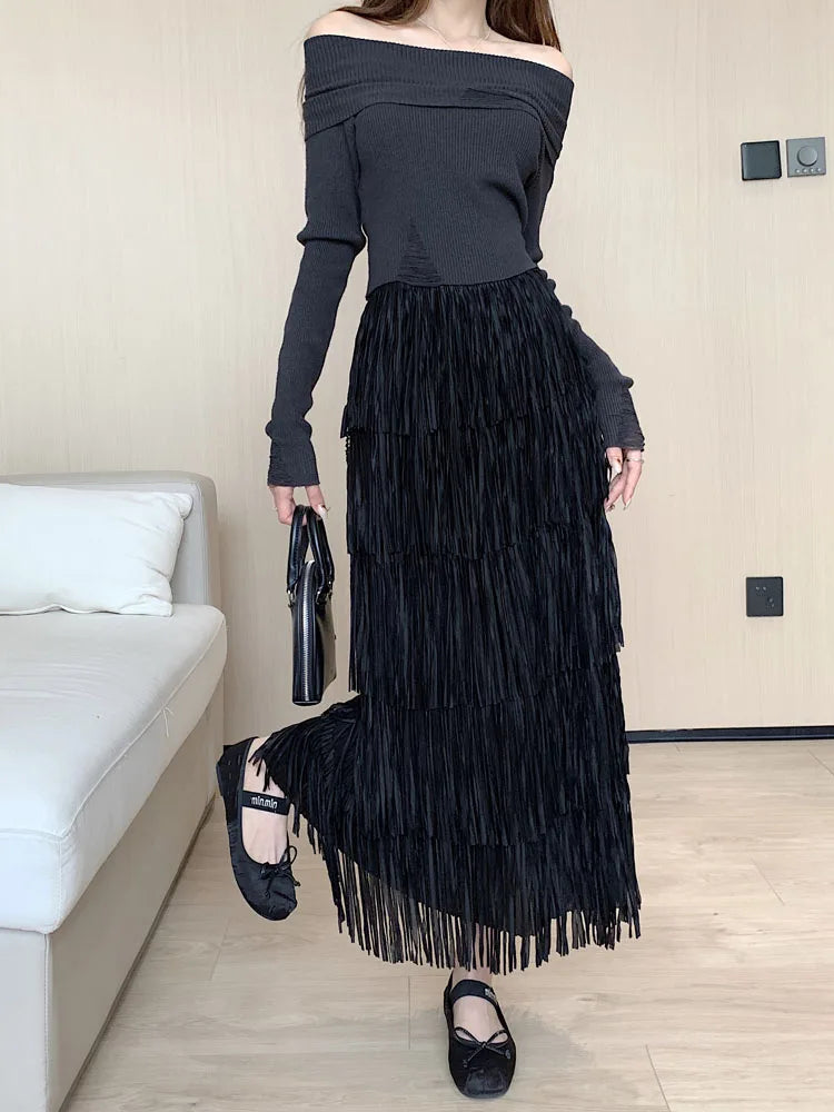 Autumn Vintage Elegant Party Wrapped Hip Cake Skirt For Women Elastic High Waist Tassel Long Skirts Female High Street Y2k Trend