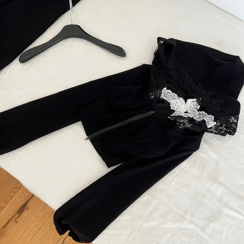 Load image into Gallery viewer, Spring Women&#39;s Black Patchwork Lace Hooded Zipper Halter Short Tops And High Waist Fishtail Skirt Festival Two Piece Set Popular
