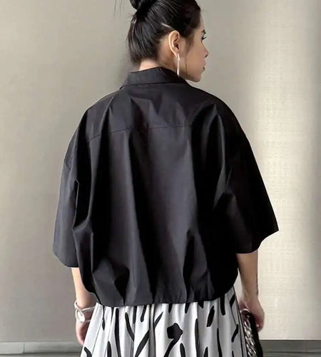 Women Black Brief Big Size Short Casual Blouse New Lapel Half Sleeve Shirt Fashion Tide Spring Summer 2025 1DH5843