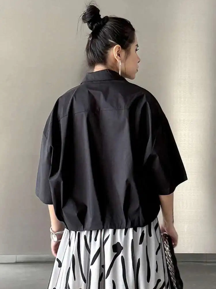 Women Black Brief Big Size Short Casual Blouse New Lapel Half Sleeve Shirt Fashion Tide Spring Summer 2025 1DH5843