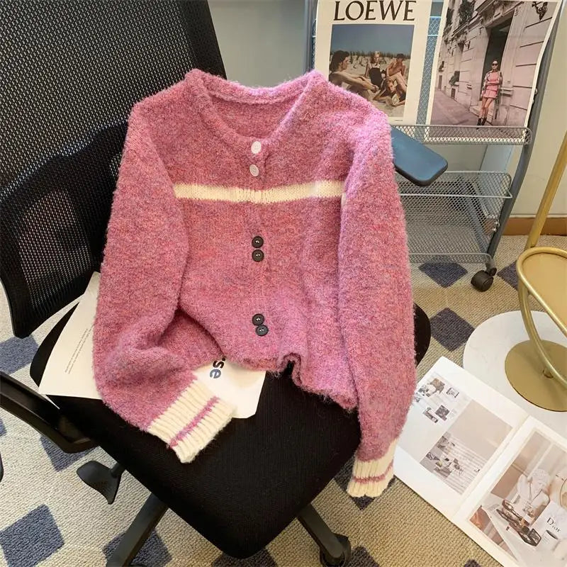 Korean Purple Patchwork Long Sleeved Short Sweater Women's New Green Casual Thick Loose Knit Pullover Top Autumn Winter 2024 Y2k