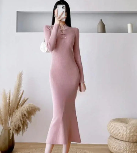 Autumn Winter Chinese Style Women's Solid Bottom Long Sleeved Dress Retro Hollow Out Wrap Hip Knitwear Fishtail Dress 2024 Trend