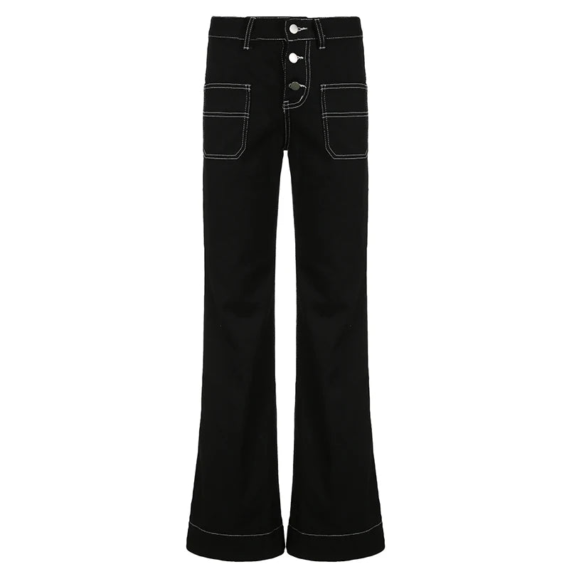 Streetwear Stitching Black Women Jeans Boot Cut Buttons Casual Harajuku Pockets Gothic Dark Low Waist Denim Trousers