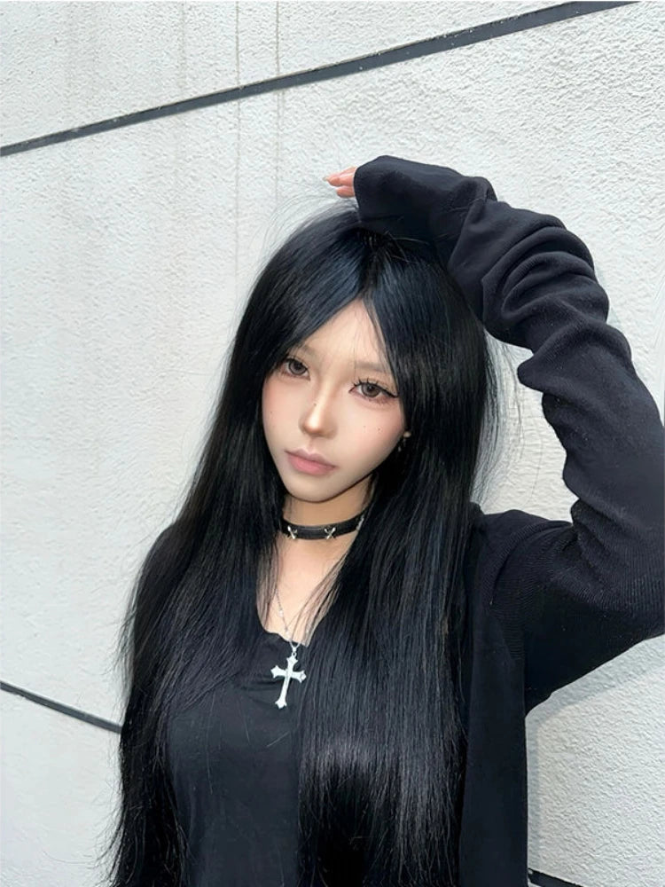 Harajuku Women Black Punk Jackets Gothic Vintage Y2k Aesthetic Loose Crucifix Printing Jacket Streetwear Grunge Irregular Tops