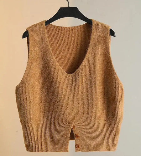 Women Solid V Neck New Holiday Loose Sleeveless Short Sweater Vest Autumn Winter Casual Versatile Split Knit Tank Tops Fashion