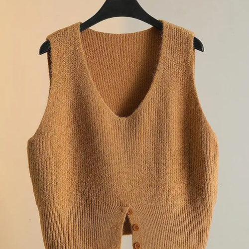 Load image into Gallery viewer, Women Solid V Neck New Holiday Loose Sleeveless Short Sweater Vest Autumn Winter Casual Versatile Split Knit Tank Tops Fashion

