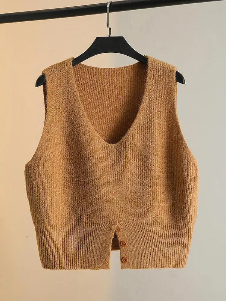 Women Solid V Neck New Holiday Loose Sleeveless Short Sweater Vest Autumn Winter Casual Versatile Split Knit Tank Tops Fashion