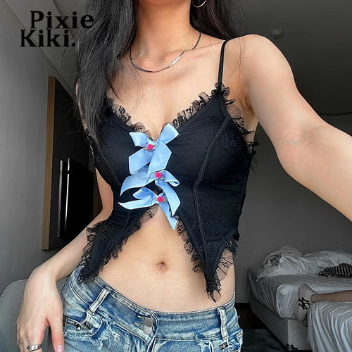 Load image into Gallery viewer, 2000s Y2k Tank Tops Women Summer Lace Trim Bows V Neck Backless Camisole Cute Sexy Black Crop Top P33-CC10
