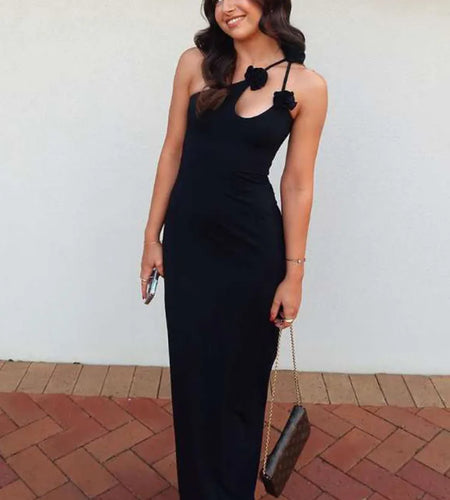 Elegant Sleeveless Irregular Bodycon Women Evening Dress 2024 Fall New Flower Ornament Shoulder Vestido Sexy Long Dress