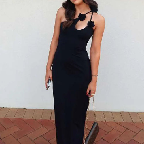 Load image into Gallery viewer, Elegant Sleeveless Irregular Bodycon Women Evening Dress 2024 Fall New Flower Ornament Shoulder Vestido Sexy Long Dress
