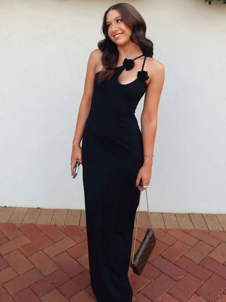 Elegant Sleeveless Irregular Bodycon Women Evening Dress 2024 Fall New Flower Ornament Shoulder Vestido Sexy Long Dress