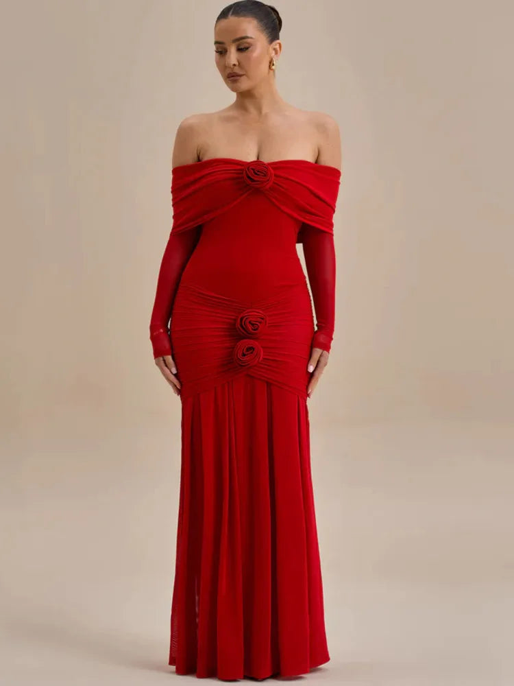 Elegant Mesh Patchwork Long Sleeve One Shoulder Bodycon Party Evening Dress Women Sexy Backless Slim New 2025 Vestido