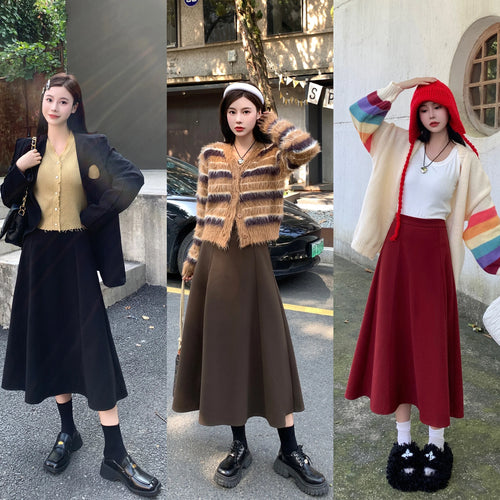 Load image into Gallery viewer, Black Woolen Long Skirt Women Autumn Winter Brown Vintage Elegant Female A Line High Waist Red Umbrella Skirt Thick Fashion
