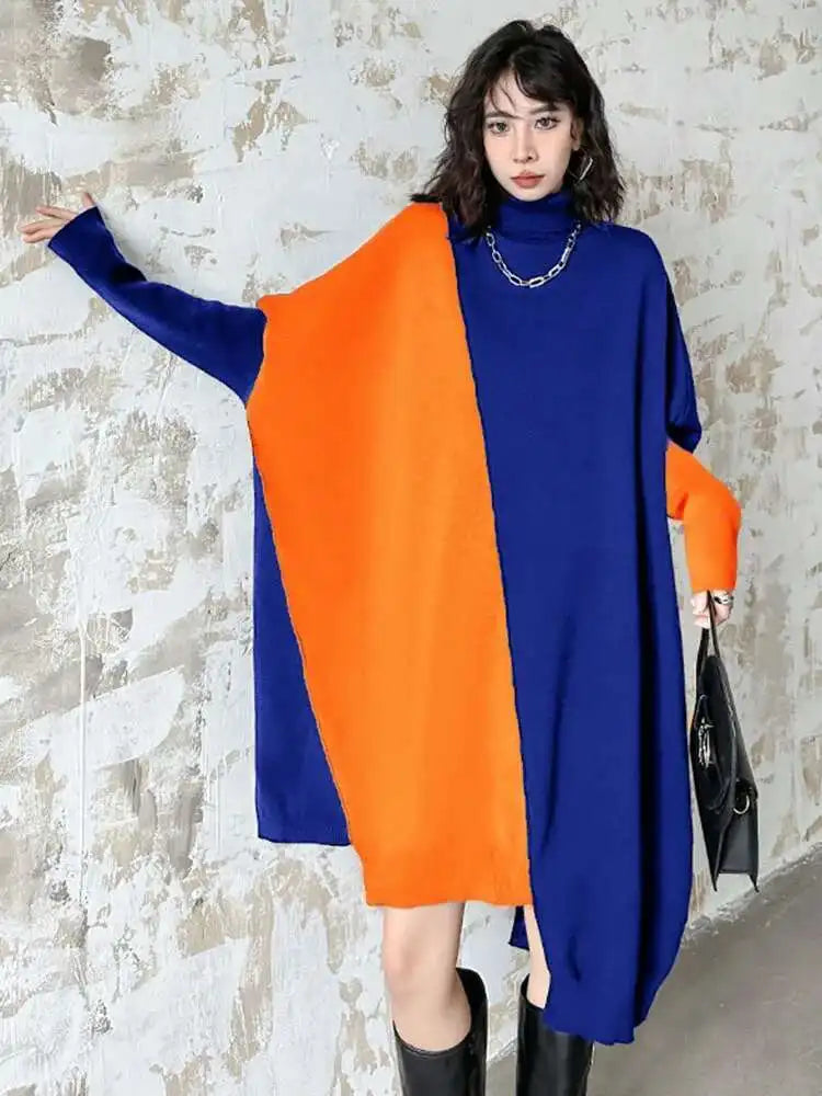Women Gray Color-block Big Size Irregular Knitting Dress New Turtleneck Long Sleeve Fashion Spring Autumn 2025 1DH6561