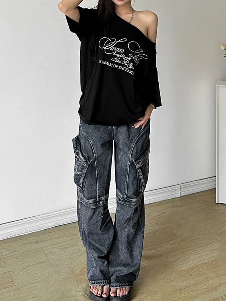 Casual Relax Woman T-shirt Letter 2025 Women Hot New Versatile Street Atmosphere Style Fashionable Chick Summertime Tops