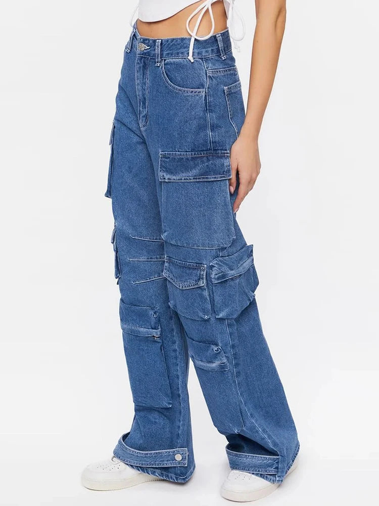 Loose Jeans For Women High Waist Patchwork Pocket Button Casual Temperament Denim Wide Leg Pant Female Autumn Clothing