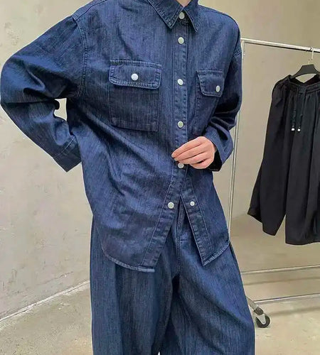 Women Blue Deniim Vintage Big Size Casual Blouse New Lapel Long Sleeve Shirt Fashion Tide Spring Autumn 2025 1DH8350