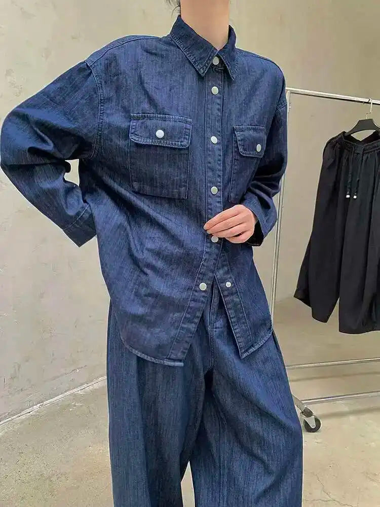 Women Blue Deniim Vintage Big Size Casual Blouse New Lapel Long Sleeve Shirt Fashion Tide Spring Autumn 2025 1DH8350