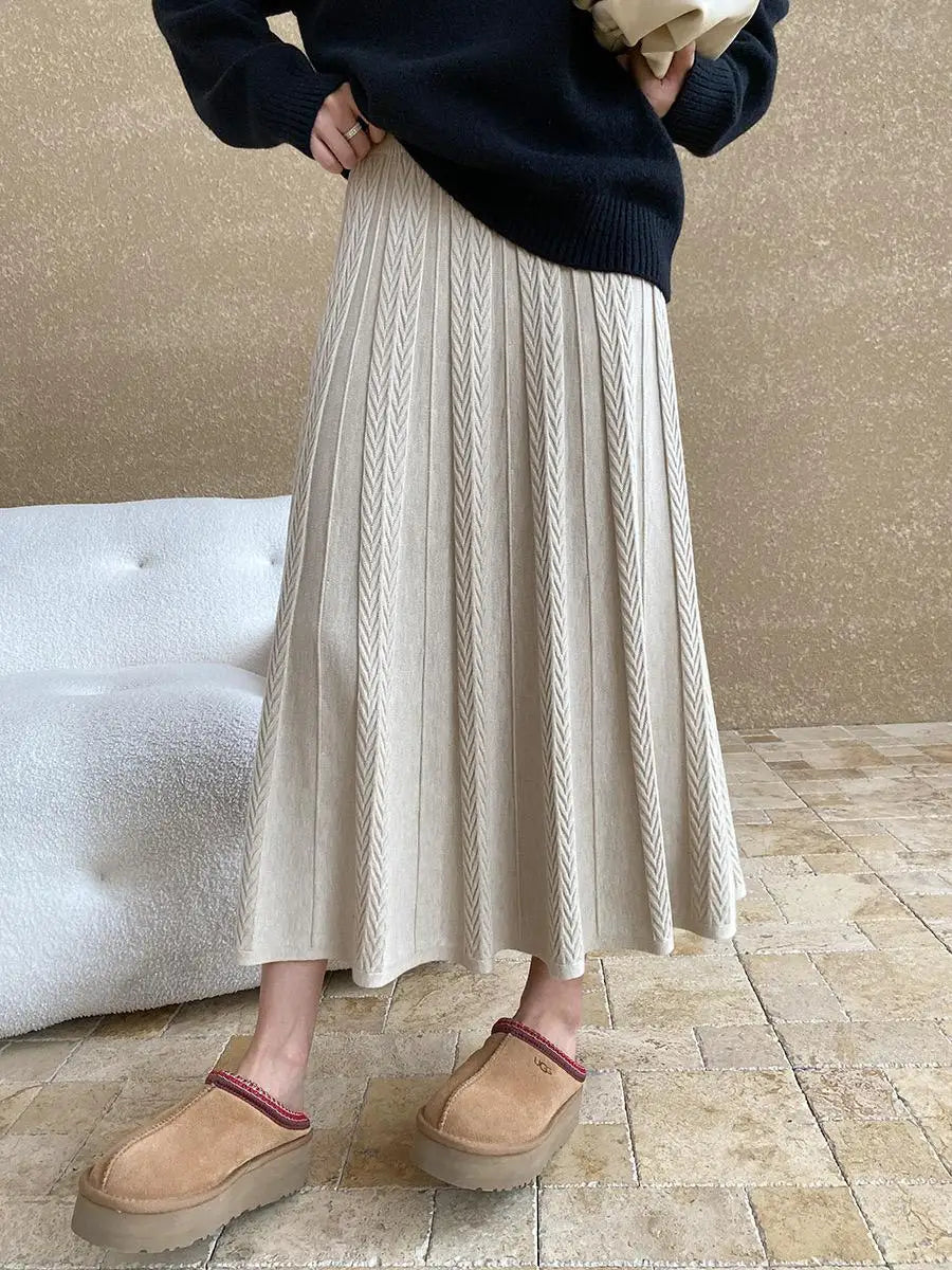 Korean Style Woman Solid New Elegant High Waist Knitted Skirt Autumn Winter Vintage Casual Simple Versatile Festival Party Skirt