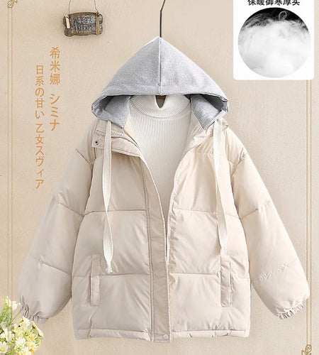 Women Autumn Winter Patchwork Long Sleeve Short Down Cotton Jacket Korean Version Elegant Hooded Bread Coat Casual Trend Fashion