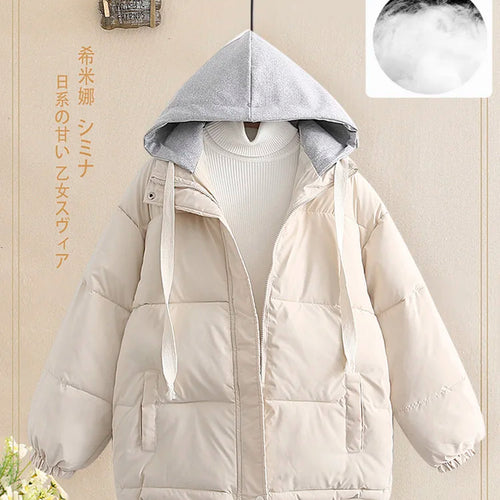 Load image into Gallery viewer, Women Autumn Winter Patchwork Long Sleeve Short Down Cotton Jacket Korean Version Elegant Hooded Bread Coat Casual Trend Fashion
