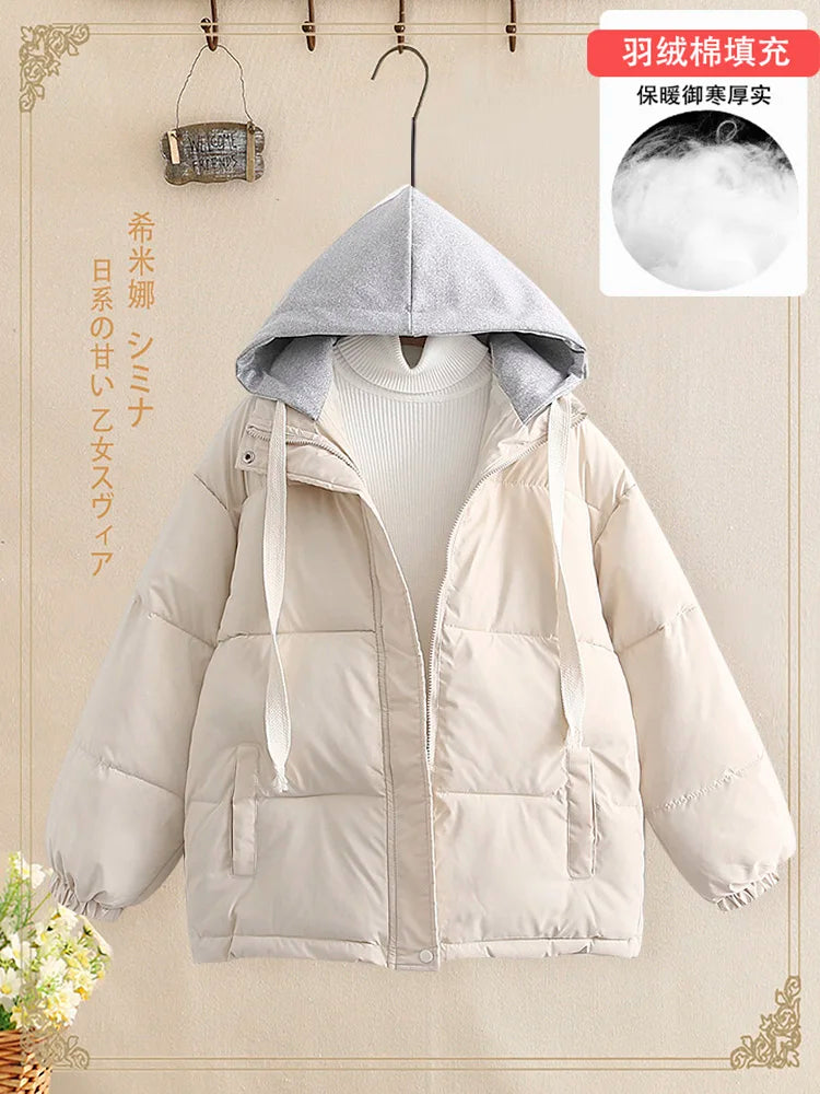 Women Autumn Winter Patchwork Long Sleeve Short Down Cotton Jacket Korean Version Elegant Hooded Bread Coat Casual Trend Fashion