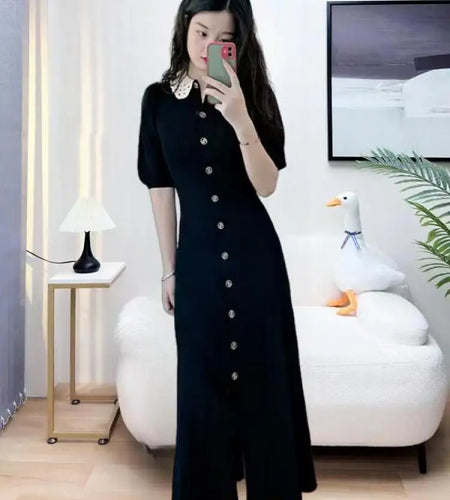French Fashion Women Black Doll Collar Single Breasted Knitted Dress Spring Summer Red Elegant Short Sleeves Holiday Long Dress