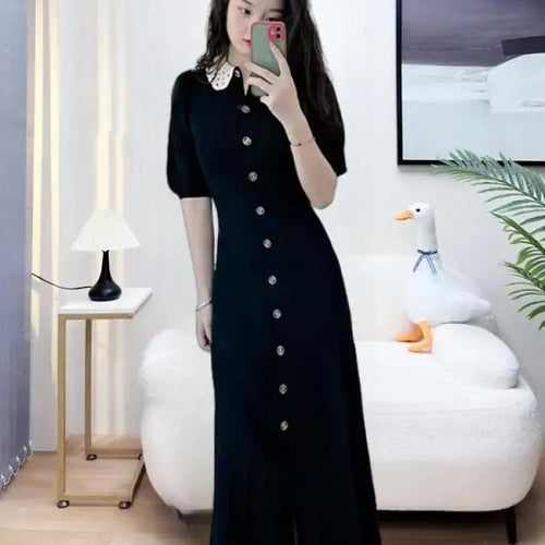 Load image into Gallery viewer, French Fashion Women Black Doll Collar Single Breasted Knitted Dress Spring Summer Red Elegant Short Sleeves Holiday Long Dress
